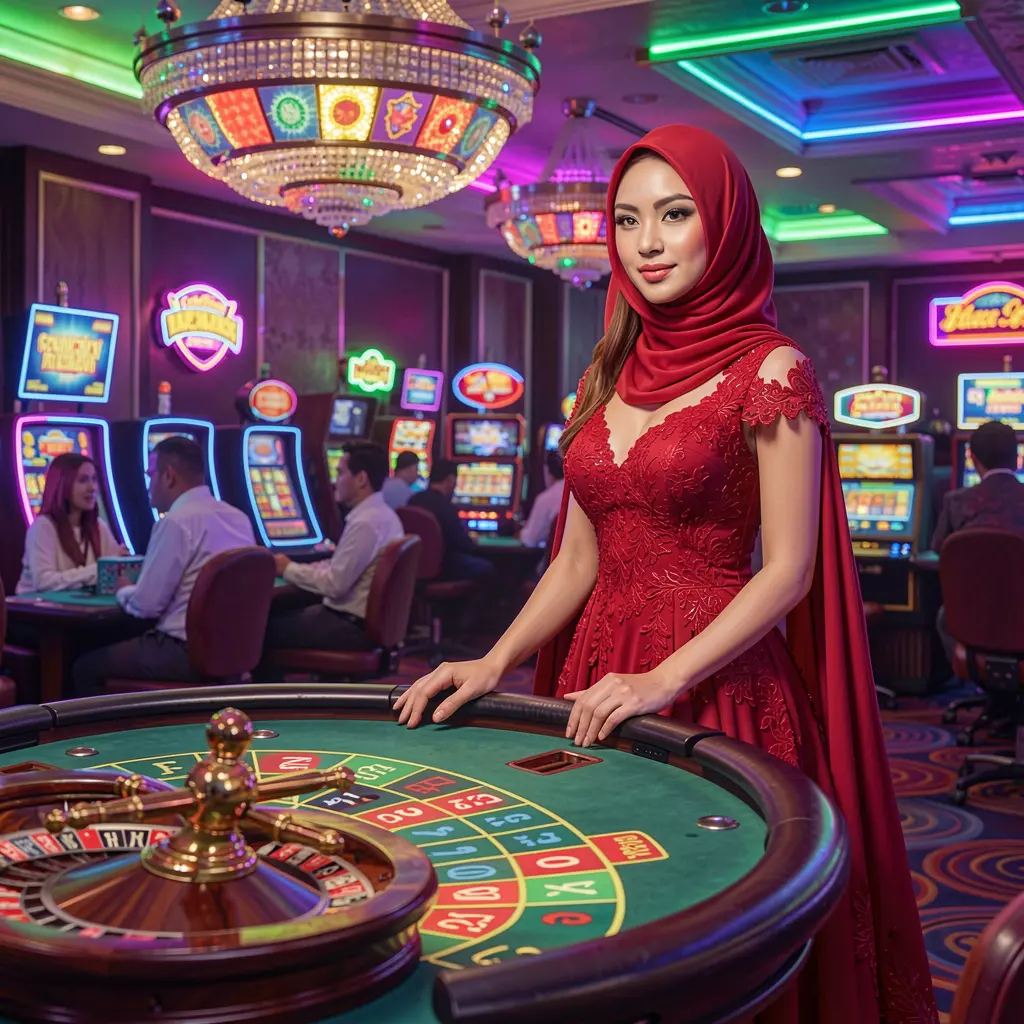 Confident woman in a stunning red gown standing at the center of a futuristic roulette table representing high energy casino gaming at 71H for Indonesian players