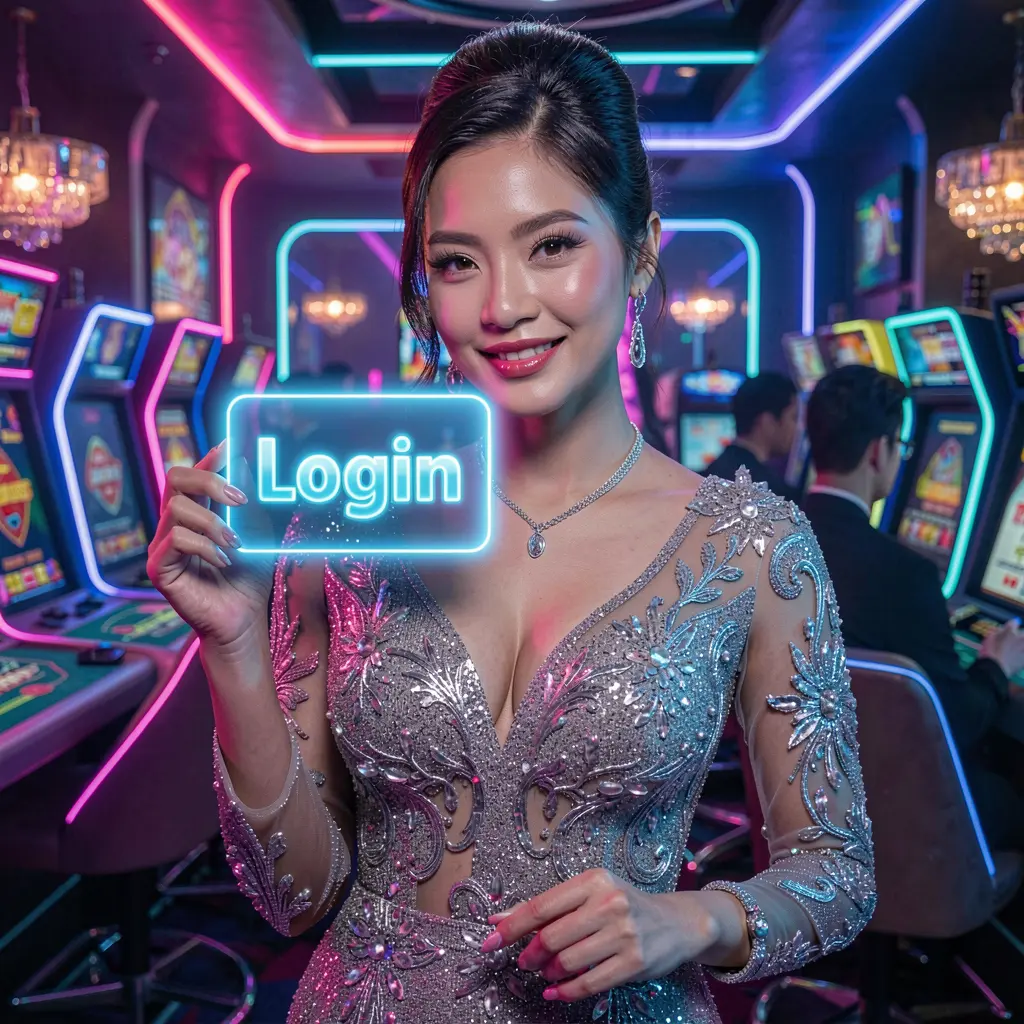 Elegant Indonesian woman holding a glowing login card in a futuristic casino setting symbolizing secure access to 71H online casino in Indonesia
